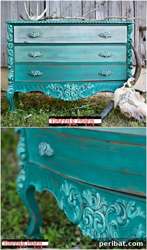 Ombre teal dresser with subtle gradient and layered highlighting technique, showcasing elegant furniture transformation.