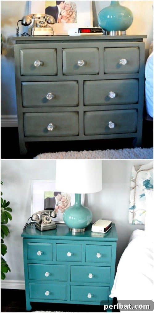 Contemporary teal nightstand makeover from bland to exceptional, demonstrating modern teal furniture design.