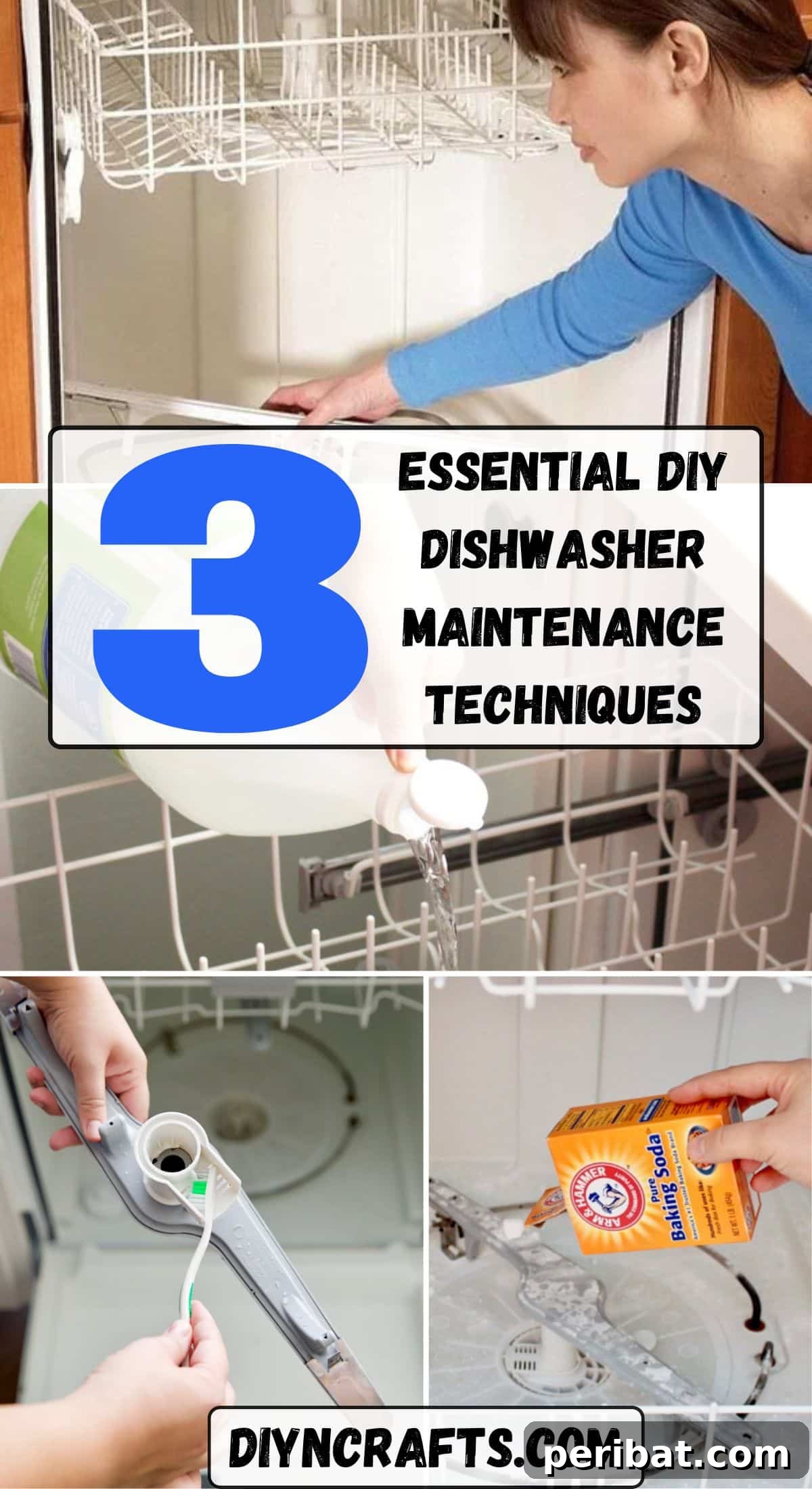 3 Must-Know DIY Dishwasher Care Methods 2 Top 3 Essential DIY Dishwasher Maintenance Techniques collage highlighting common tools and results of proper care.