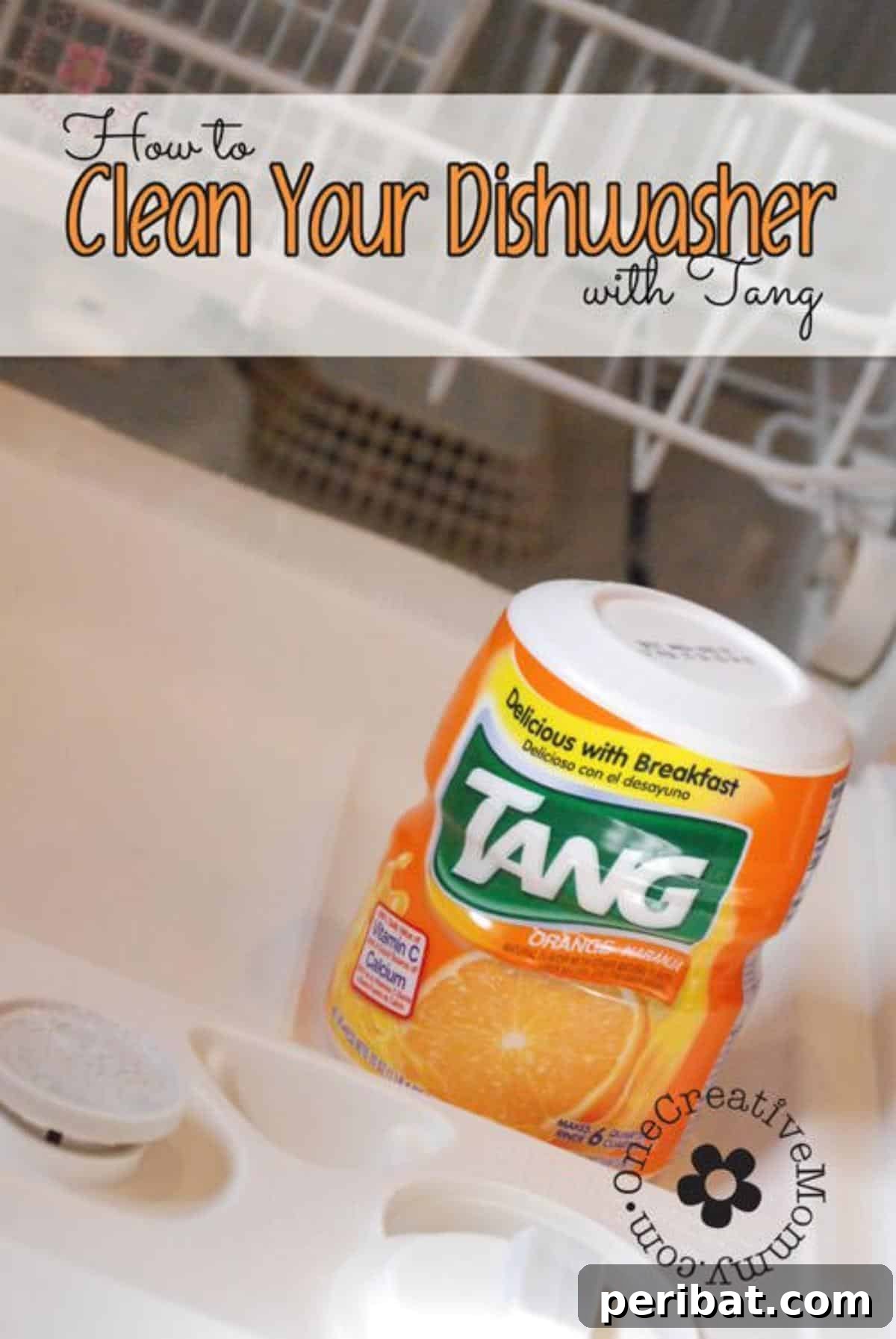 3 Must-Know DIY Dishwasher Care Methods 5 Cleaning dishwasher with Tang, showcasing the use of the orange drink to combat hard water buildup.