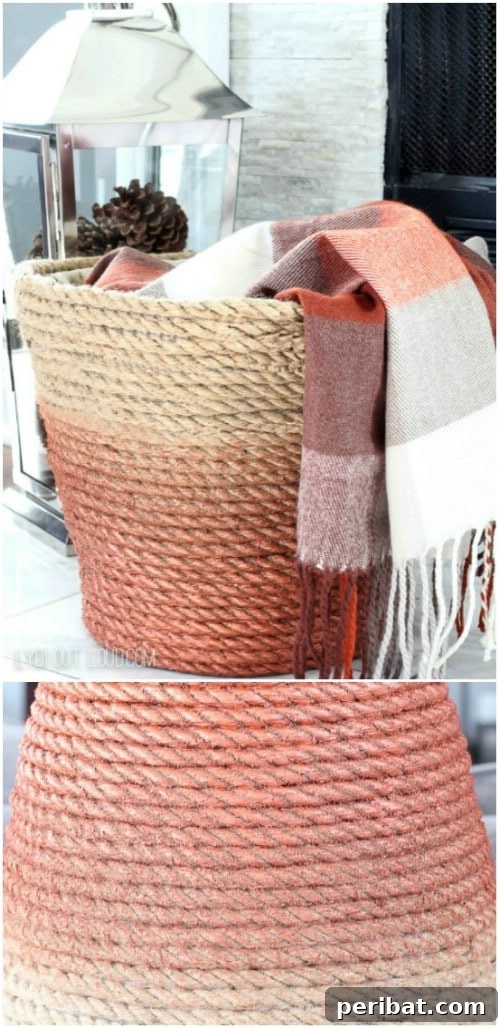 50 Ombre Home Decor Projects to Transform Your Home with Gradient Splendor 38 Cover a basket in ombre twine or rope.