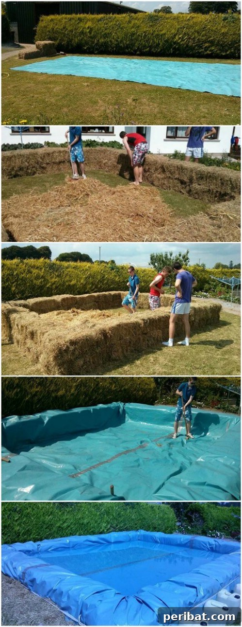 Temporary swimming pool constructed using hay bales and a tarp