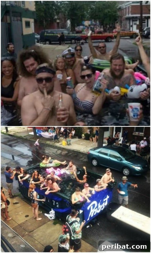 Improvised swimming pool made from a repurposed dumpster