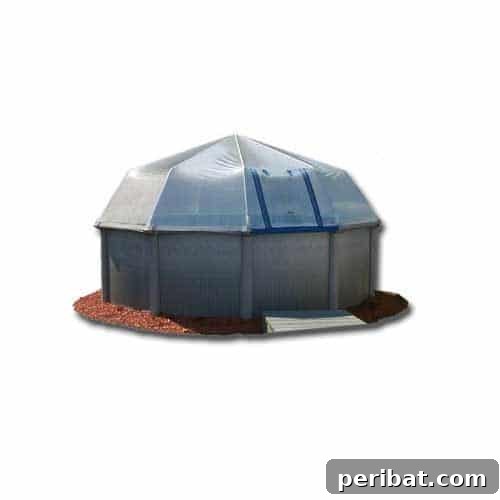 Above-ground pool covered by a transparent sun dome for extended use