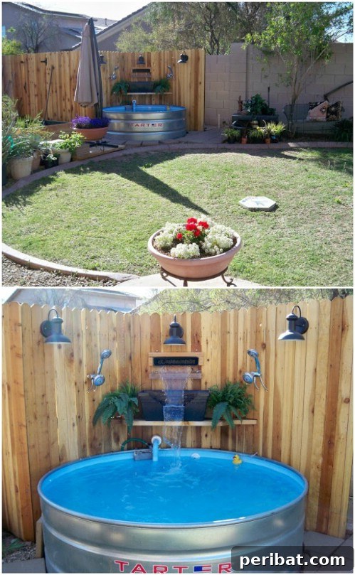 Small backyard pool with creative embellishments like a waterfall and lighting