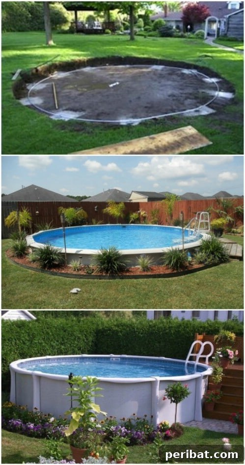 Above-ground pool surrounded by lush plants for enhanced aesthetics