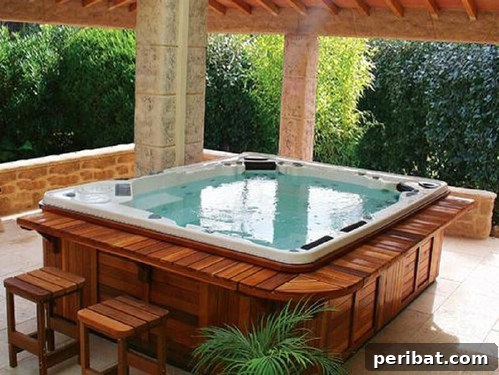 Hot tub with a built-in wooden bar and shaded area