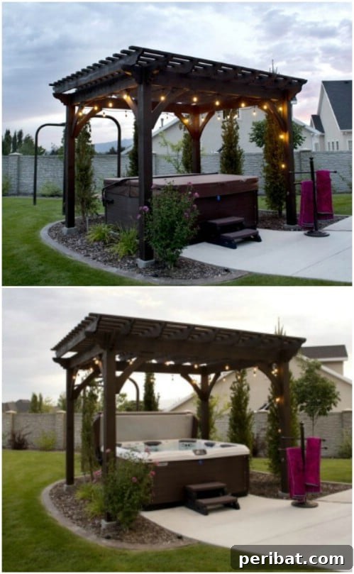Hot tub beautifully framed by a wooden pergola with integrated lighting