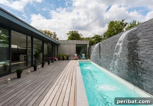 Narrow, long swimming pool ideal for lap swimming in a modern backyard