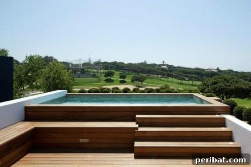 Backyard pool area designed with elegant steps and multi-level decking