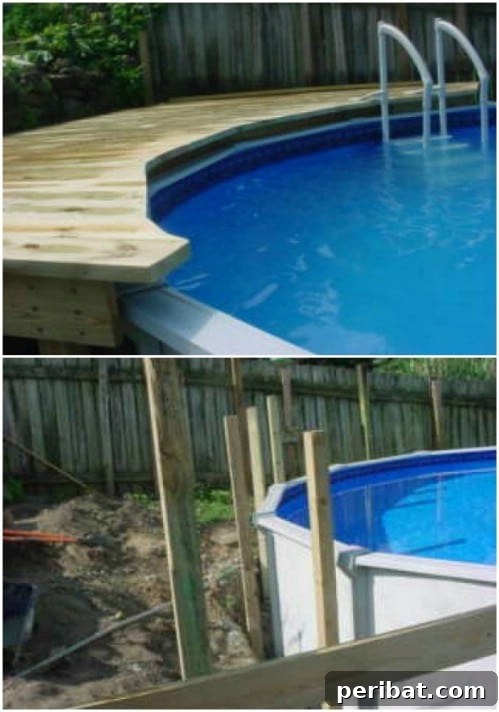 Elegant wooden deck built around an above-ground swimming pool