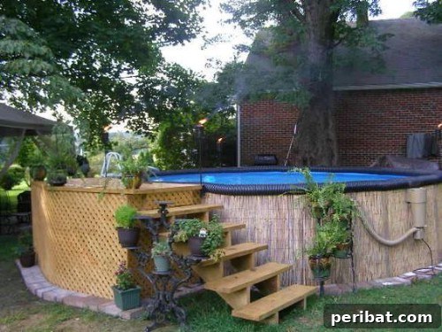 Tiki-style backyard pool deck enhanced with a decorative trellis and reeds