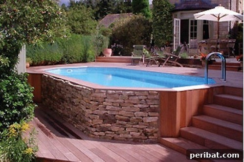 Above-ground pool elegantly enclosed with natural stone cladding