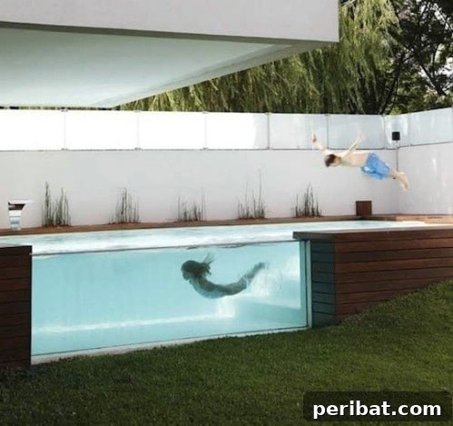 Modern above-ground swimming pool featuring a transparent glass wall