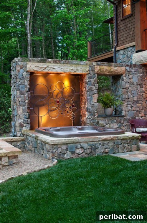 Outdoor hot tub area featuring back-lit artistic panel for elegant decor