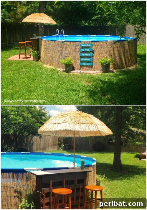 Above-ground pool transformed into a private tiki bar area