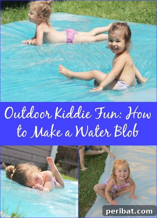 Kids enjoying a large, homemade water blob in the backyard