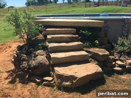 Above-ground pool with a rustic rock step entry integrated into landscaping