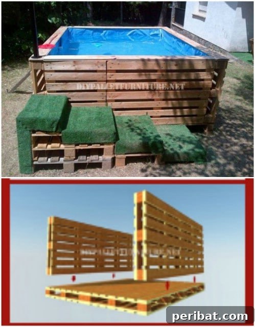 DIY swimming pool constructed from repurposed wooden pallets