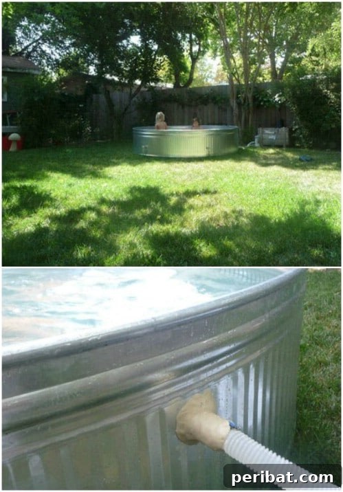 Small backyard pool made from a galvanized steel stock tank