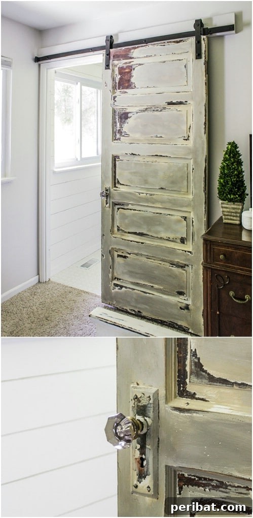 Elevate Your Home: 60 DIY Barn Door Projects for Farmhouse Style 3 Distressed Wood Barn Door in the Master Bedroom