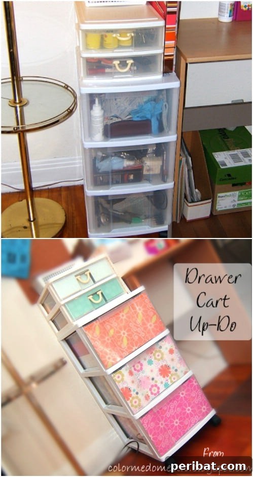 Beyond Basic Bins: Decorating Ideas to Transform Your Storage 19 Use scrapbook paper to turn your boring plastic bins into bright, vibrant, beautiful storage solutions.