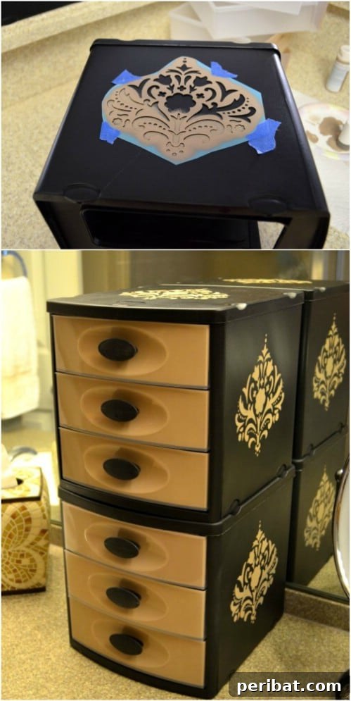Beyond Basic Bins: Decorating Ideas to Transform Your Storage 5 Use a stencil to create an elegant look.