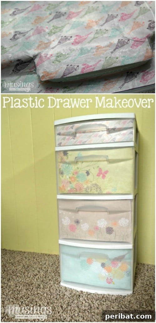 Beyond Basic Bins: Decorating Ideas to Transform Your Storage 43 These plastic bin drawers with scrapbook paper have a softer look.