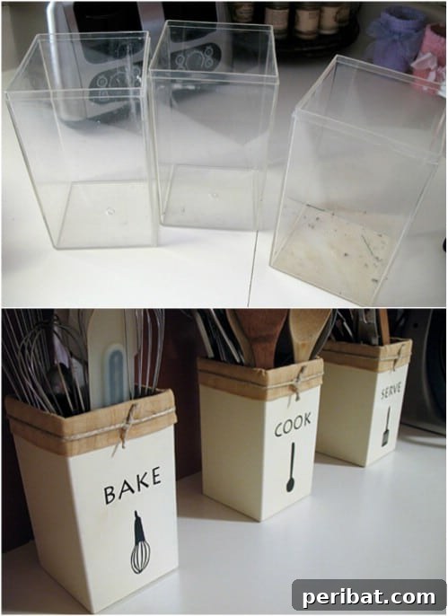 Beyond Basic Bins: Decorating Ideas to Transform Your Storage 7 Turn your plastic bins into adorable utensil holders for the kitchen with a free printable.