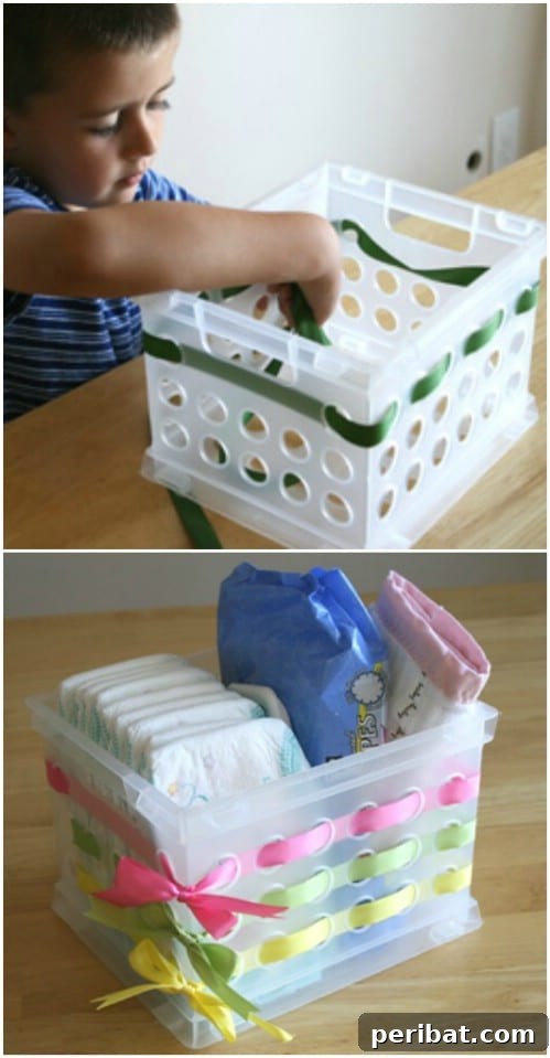 Beyond Basic Bins: Decorating Ideas to Transform Your Storage 61 Here is yet another way you can decorate a plastic container by weaving fabric or ribbon.