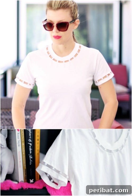 Add pearls to the neck and sleeves of a T-shirt.