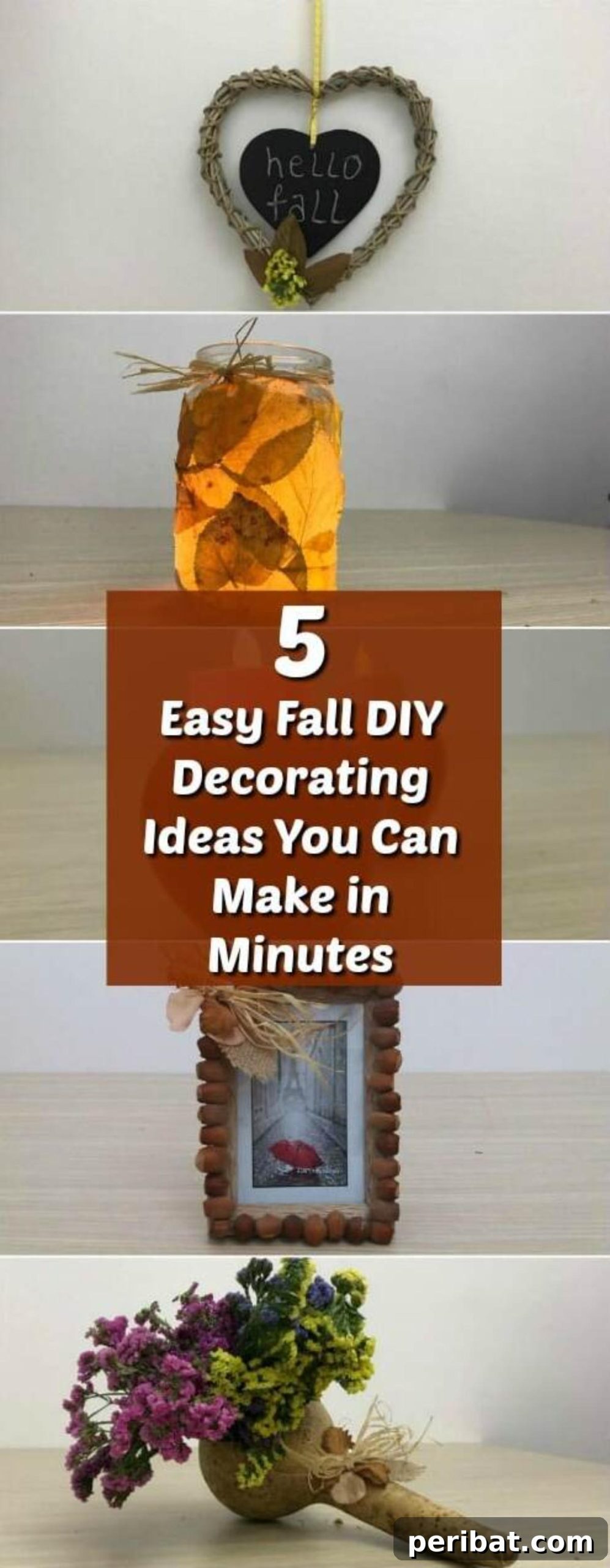 Minutes to Marvelous: 5 Easy Fall DIY Decor Projects 2 A beautiful collage showcasing 5 different easy DIY fall decorating ideas: a decorated picture frame, an apple votive, a leaf jar, a 'Hello Fall' wreath, and a gourd flower display. Perfect for quick autumn home decor.