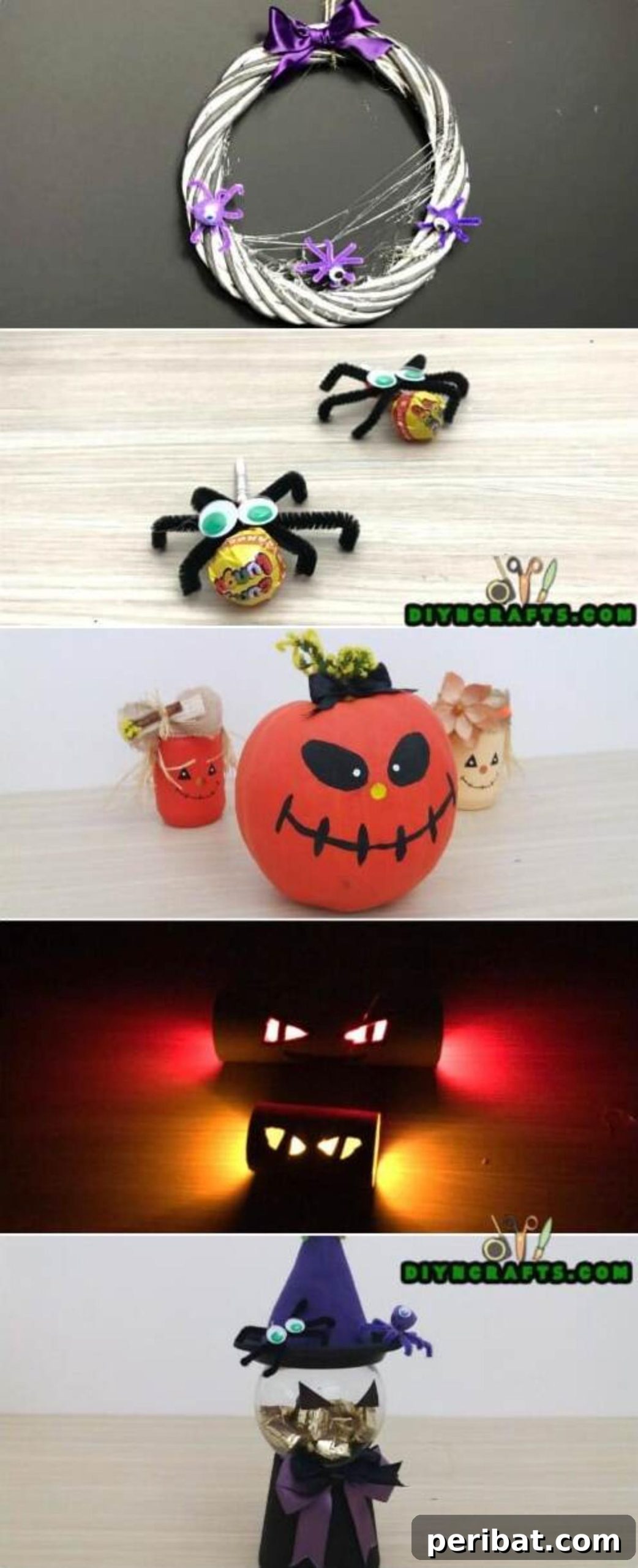 A collage featuring five distinct DIY Halloween crafts: a witch candy container, glowing eyes, a painted pumpkin, lollipop spiders, and a Halloween wreath. The image highlights quick and easy spooky decoration ideas.