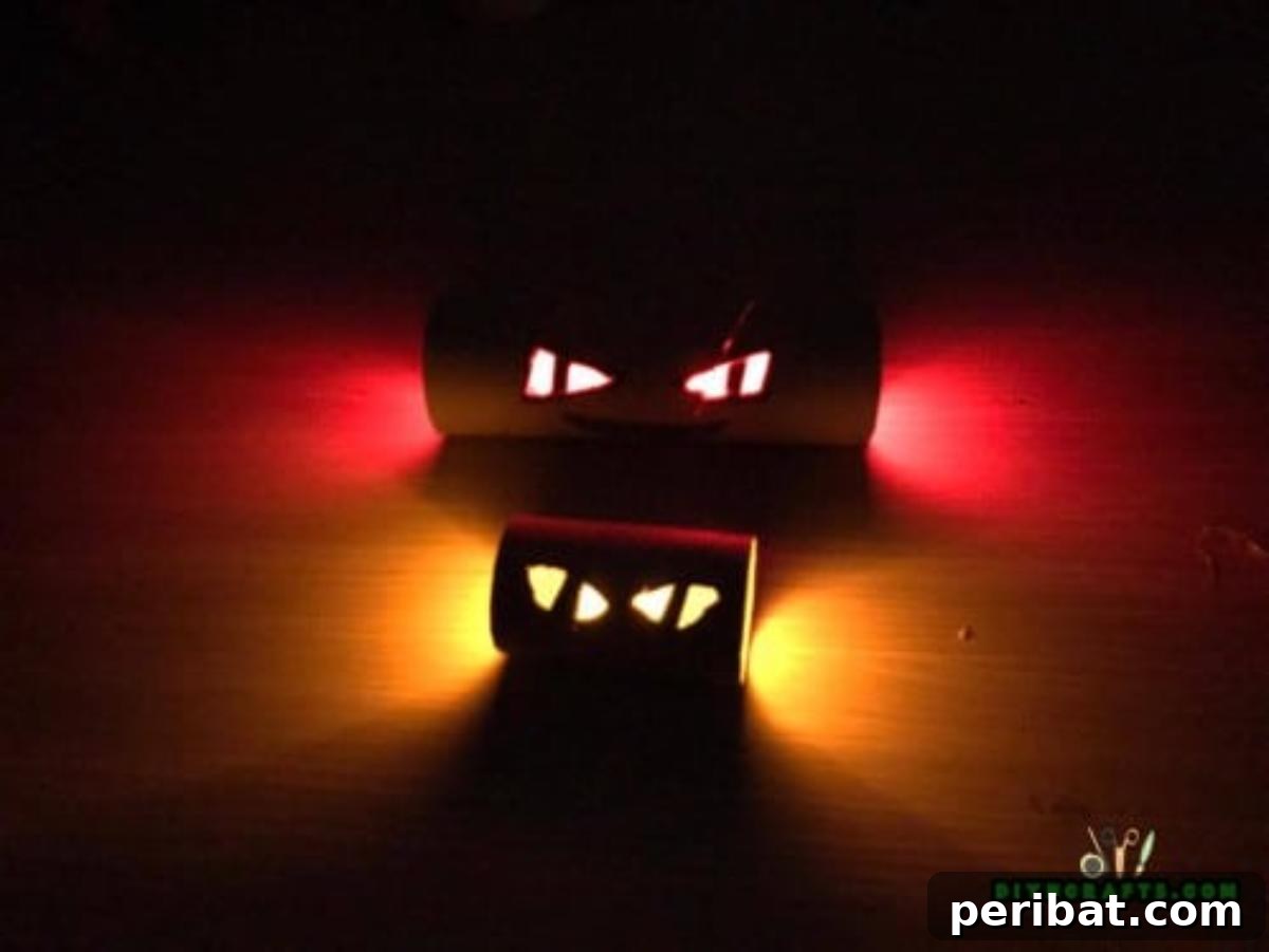Completed Glowing Eyes craft using toilet paper rolls and LED tea lights, creating a spooky effect.