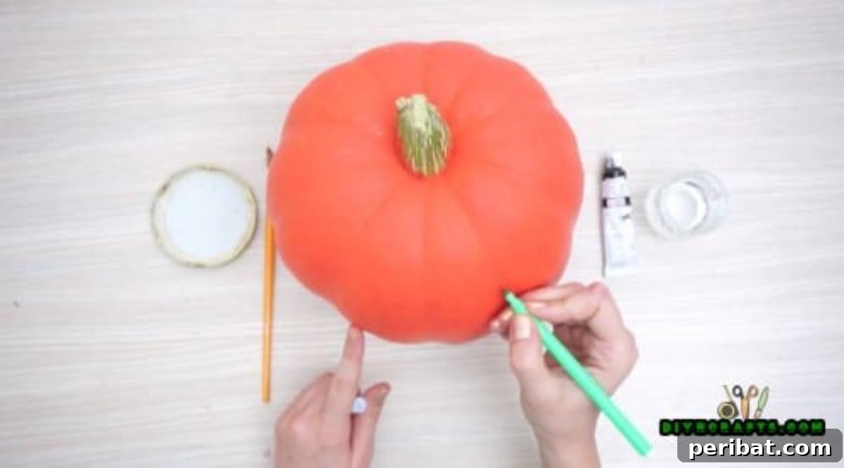 A plain orange pumpkin, ready to be transformed into an expressive Halloween decoration with paint.