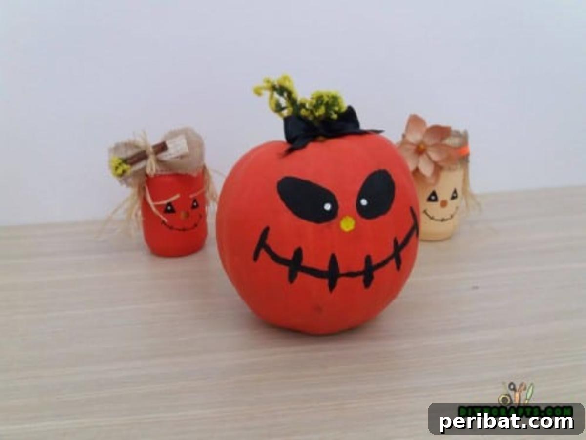 Completed Painted Pumpkin, featuring black painted eyes and mouth, adorned with a decorative bow.