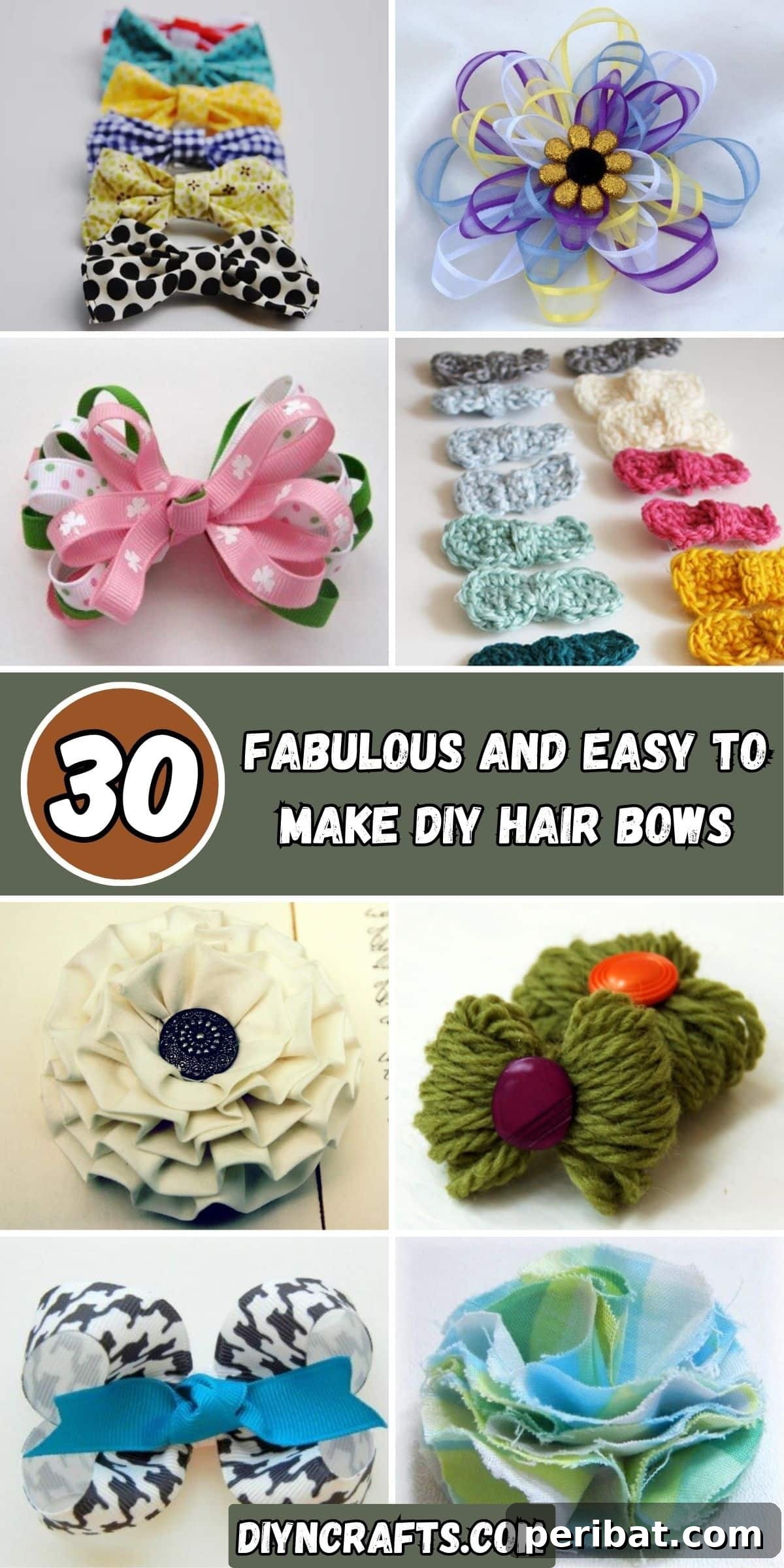 30 Fabulous and Easy to Make DIY Hair Bows collage featuring a variety of colorful and stylish hair bow designs for children.