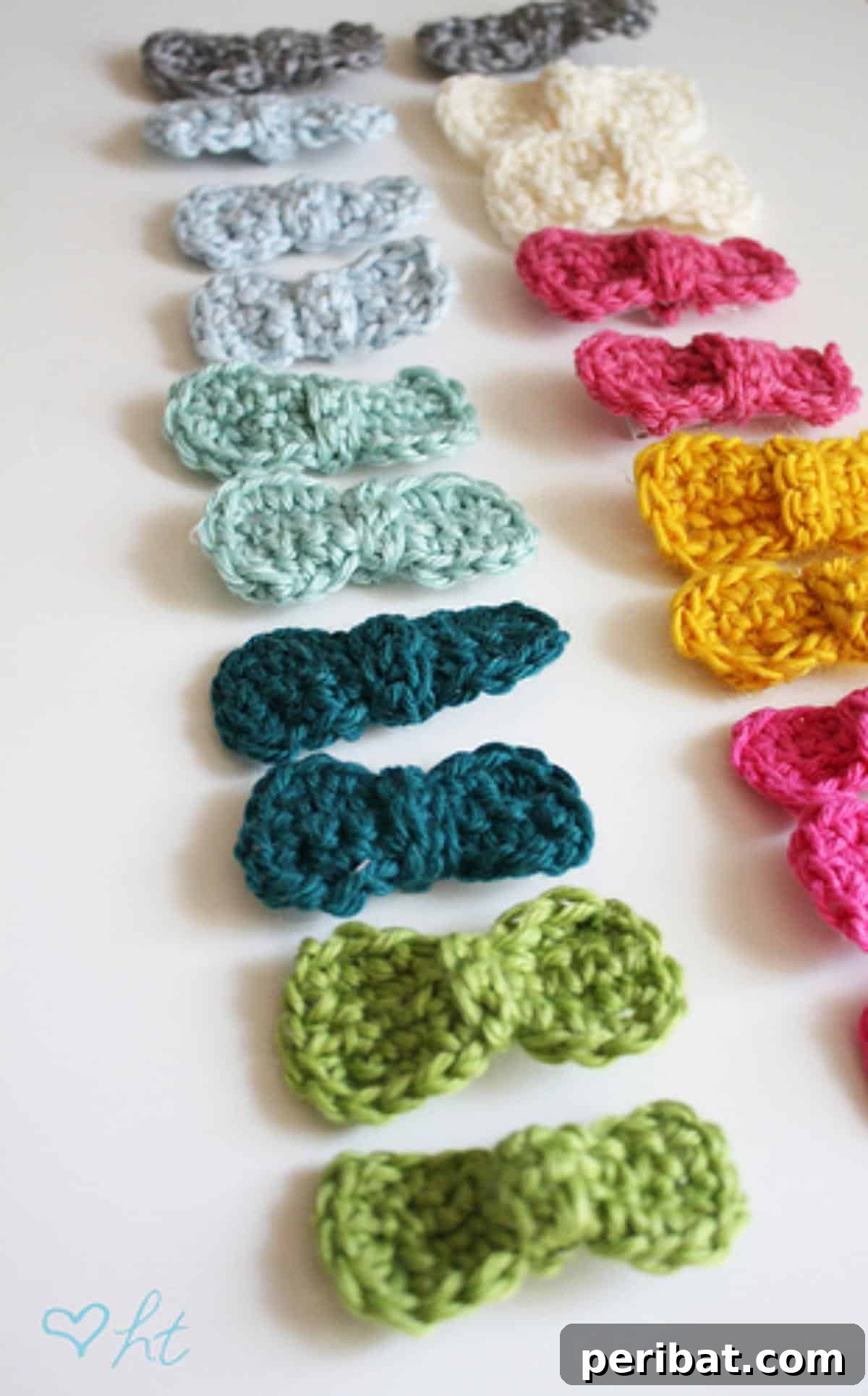 Soft Crocheted Bows in various yarn colors, showcasing intricate stitches and a handmade charm.