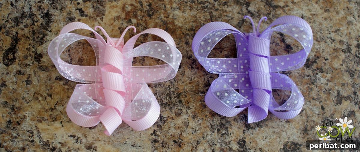 Delightful Butterfly Bows made from ribbon, shaped to resemble delicate butterfly wings in vibrant colors.