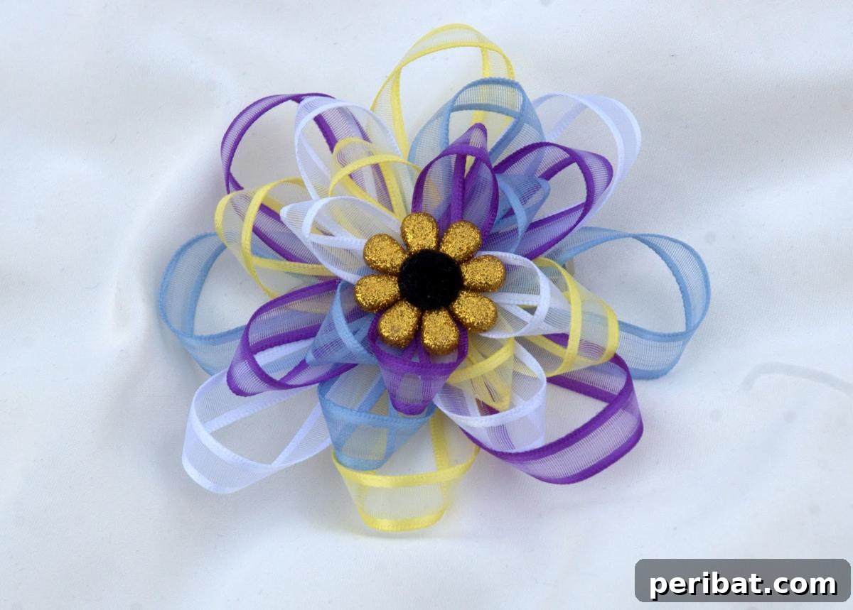 Vibrant Colorful Loop Bow made with multiple layers of ribbon in various hues and textures.