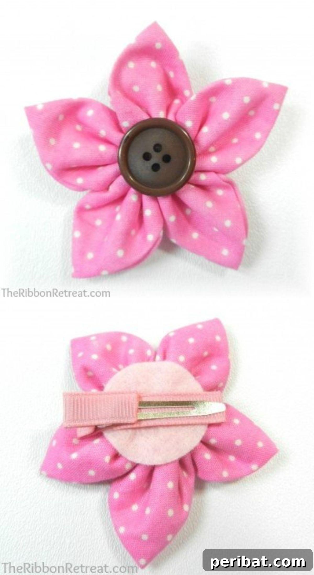 Intricate Kanzashi-style Ribbon Flower with multiple petals and a button center.