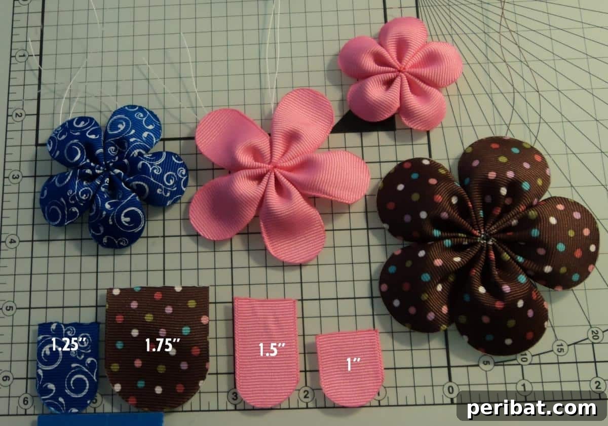 Exquisite Five Petal Flower Bows with rounded edges, crafted from ribbon or fabric and centered with an embellishment.