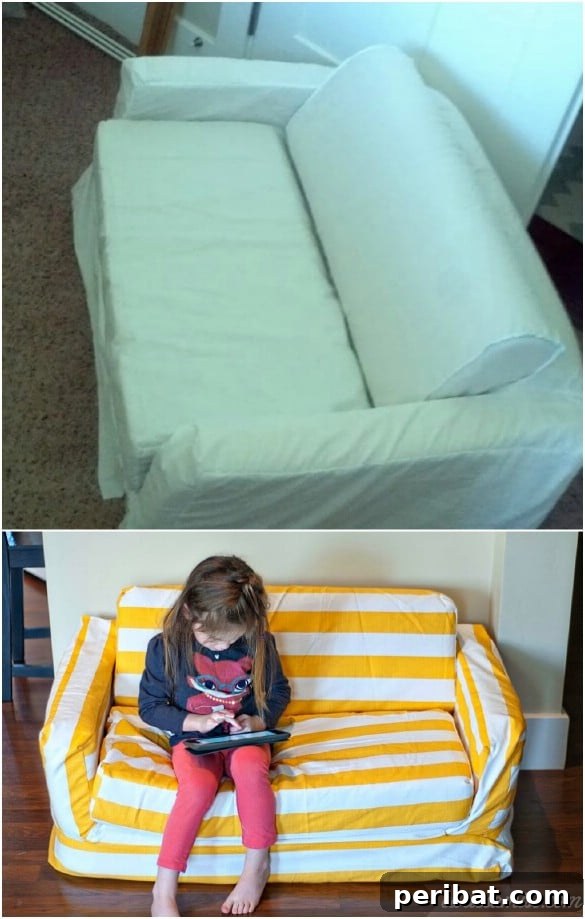 Dress Up Your Old Furniture 20 Effortless DIY Slipcover Transformations 6 Striped Slipcover for Children's Flip Sofa