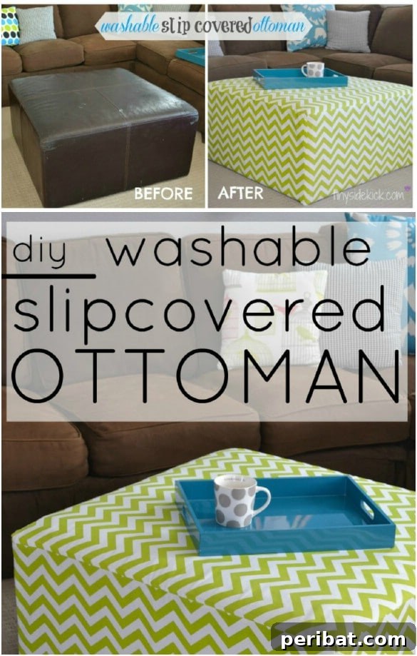 Dress Up Your Old Furniture 20 Effortless DIY Slipcover Transformations 9 No-Sew Ottoman Slipcover with Velcro and Hot Glue