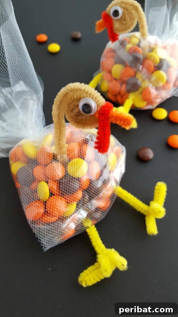 Candy filled turkeys on black table