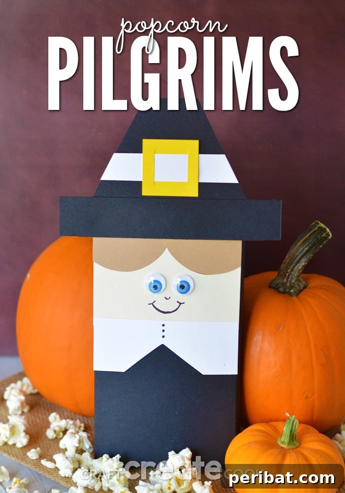 Paper pilgrim against pumpkins