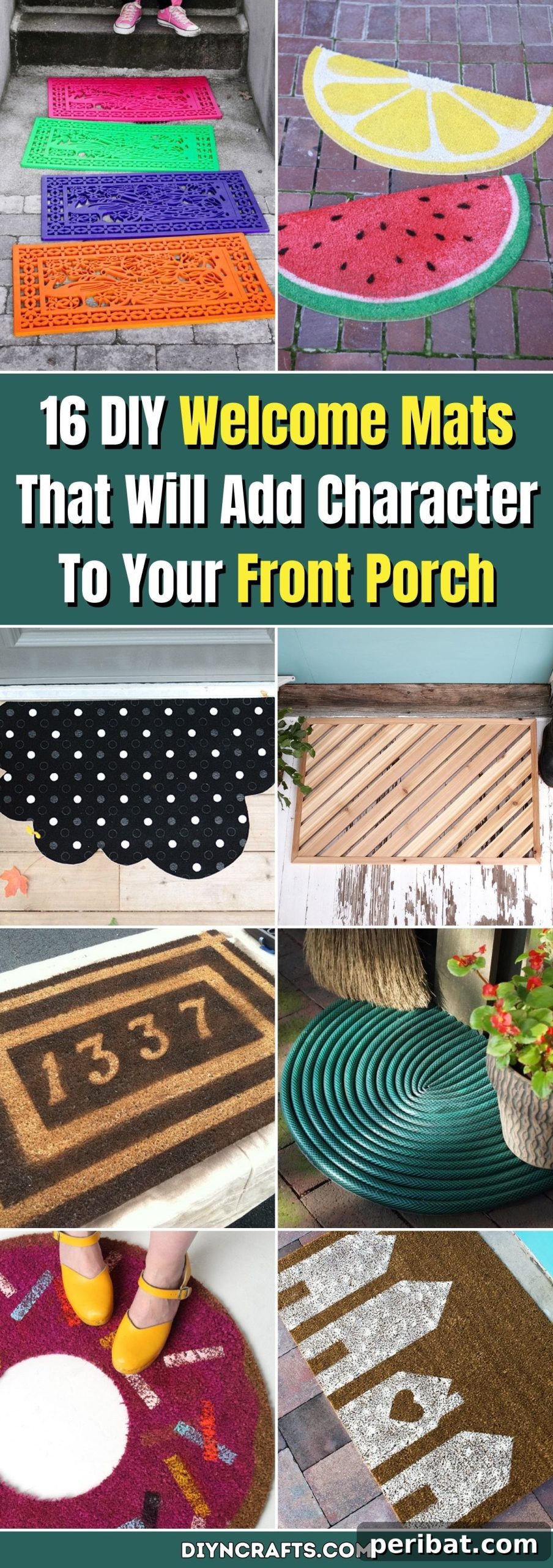 A collage showcasing 16 unique DIY welcome mats, including colorful geometric patterns, coiled ropes, and stenciled designs, perfect for adding character to any front porch.