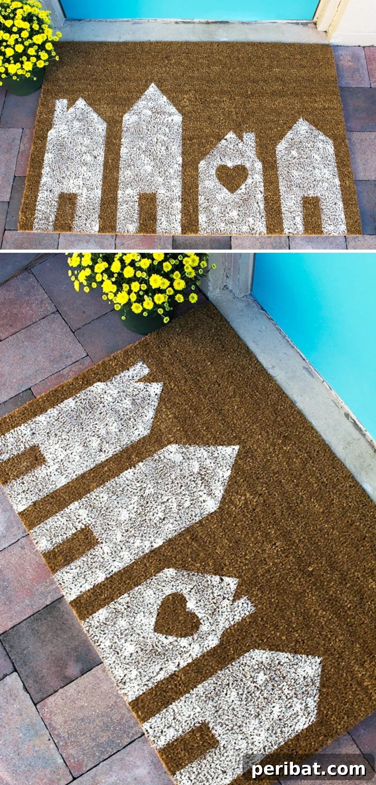 A charming DIY door mat featuring a row of painted house silhouettes, creating a warm and inviting look.
