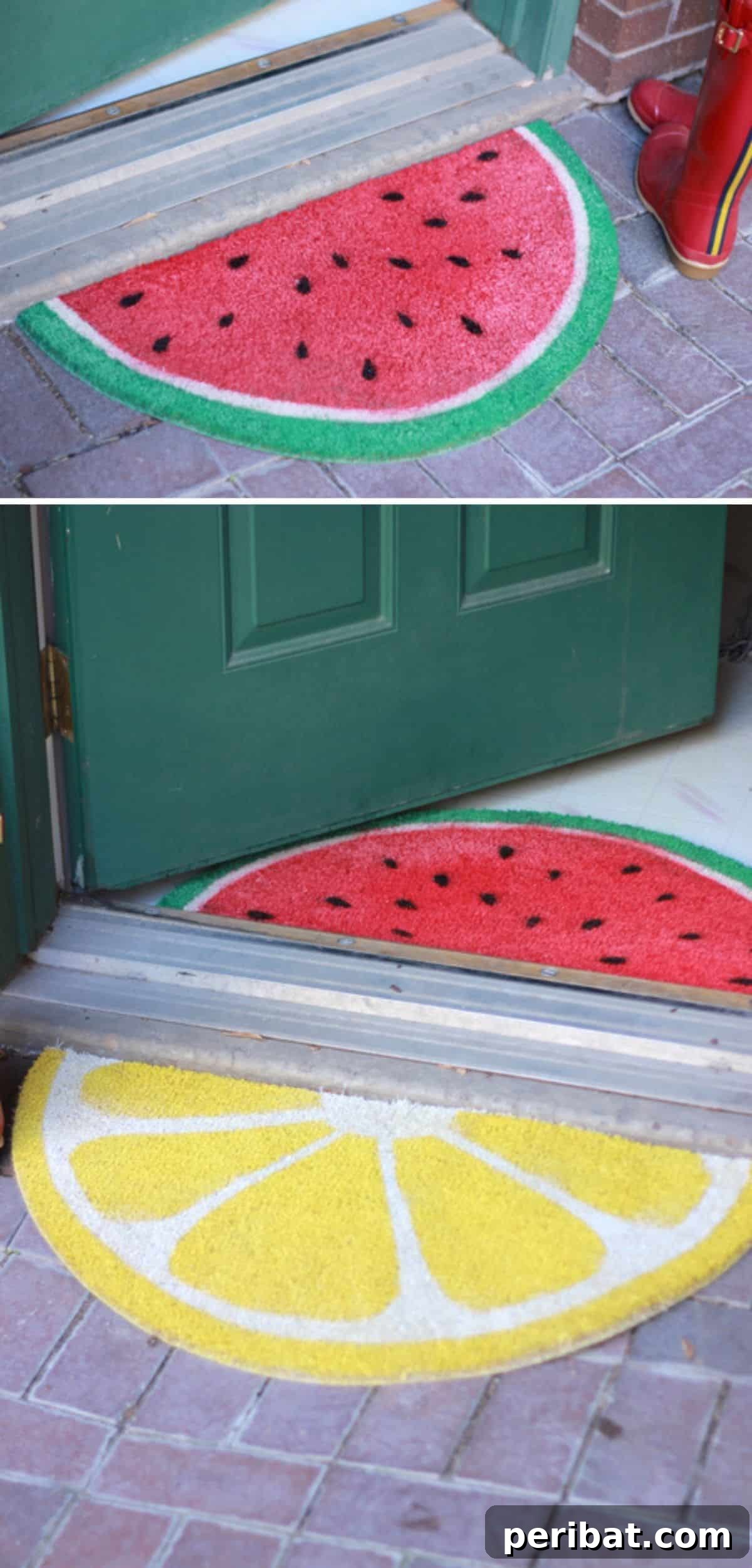 A set of two vibrant DIY fruit wedge door mats, designed as halves of a citrus fruit, perfect for a cheerful spring or summer look.