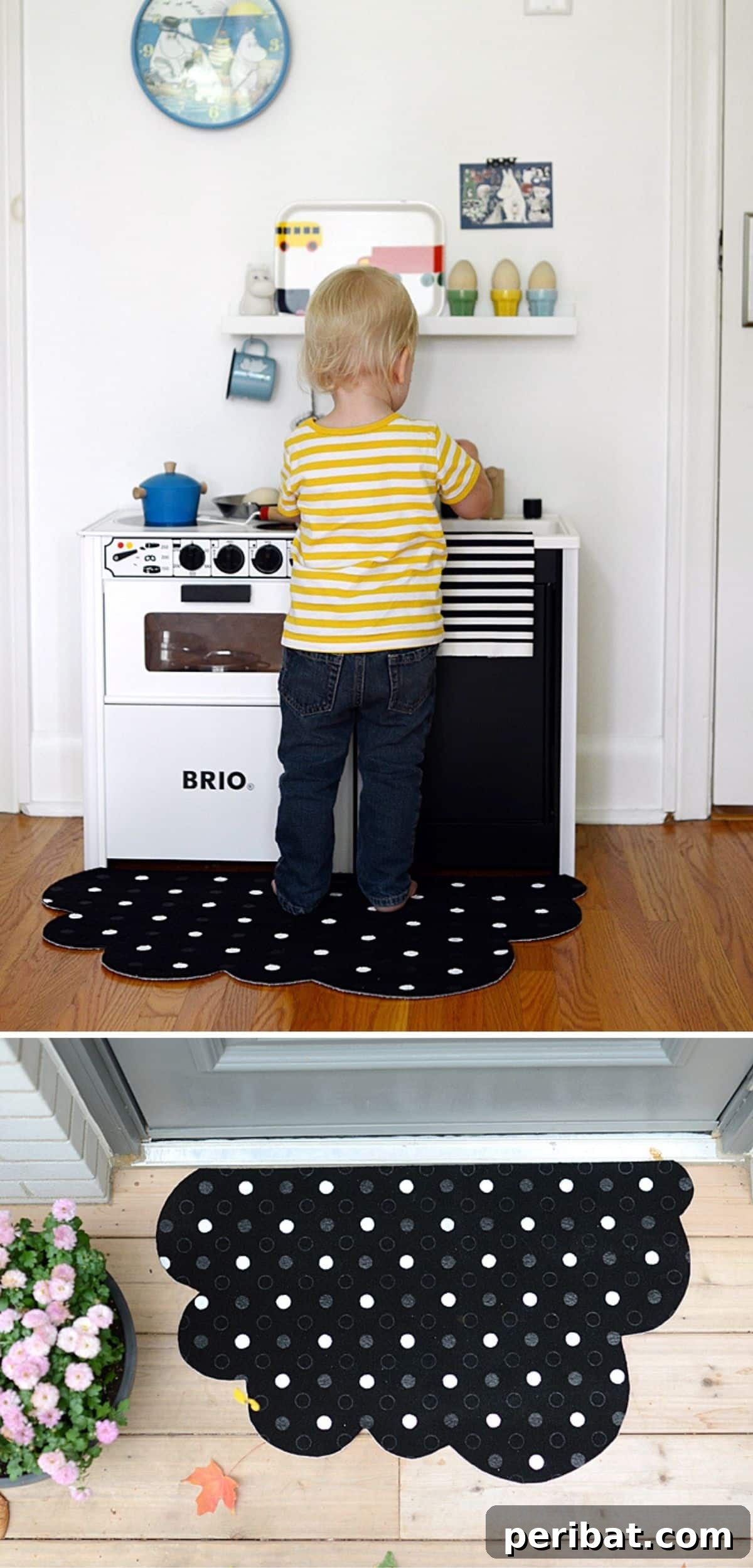 A whimsical DIY polka dot cloud mat, cut into a soft cloud shape and adorned with playful polka dots.
